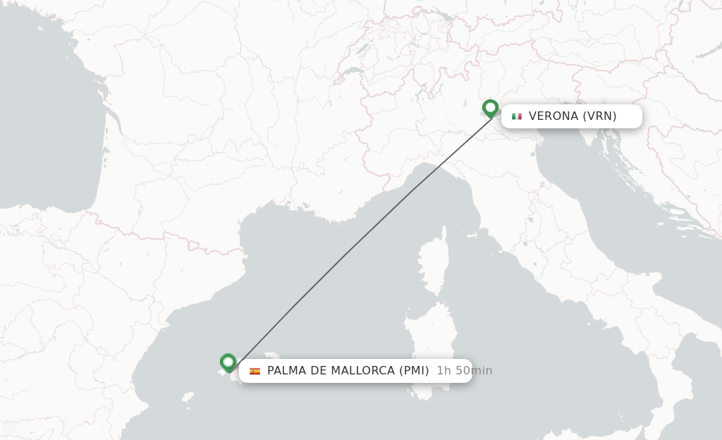Flights from Verona to Palma de Mallorca route map
