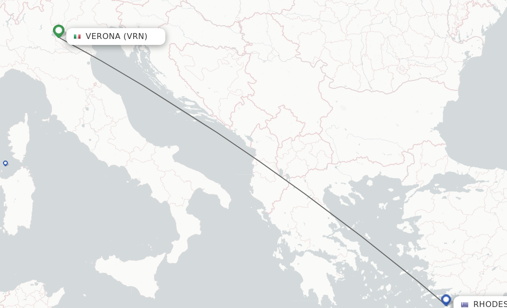 Flights from Verona to Rhodes route map