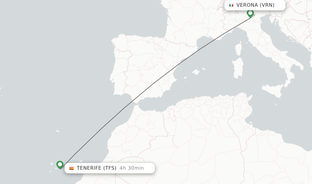 Flights from Verona to Tenerife route map