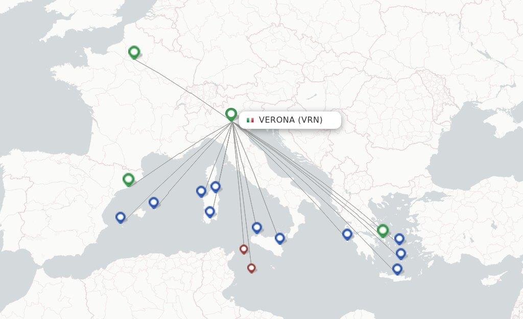 Route map with flights from Verona with Volotea