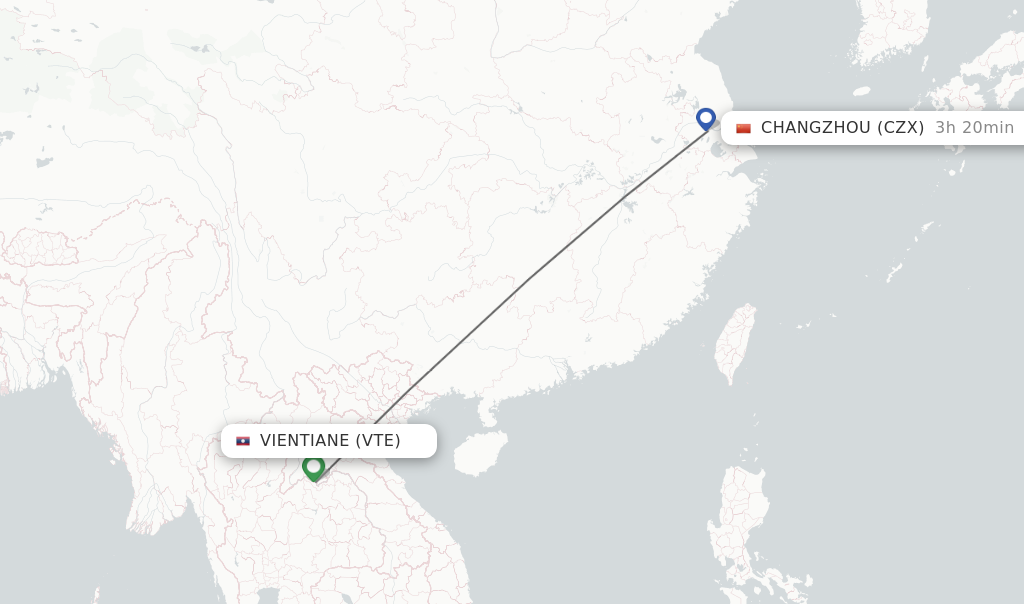 Flights from Vientiane to Changzhou route map