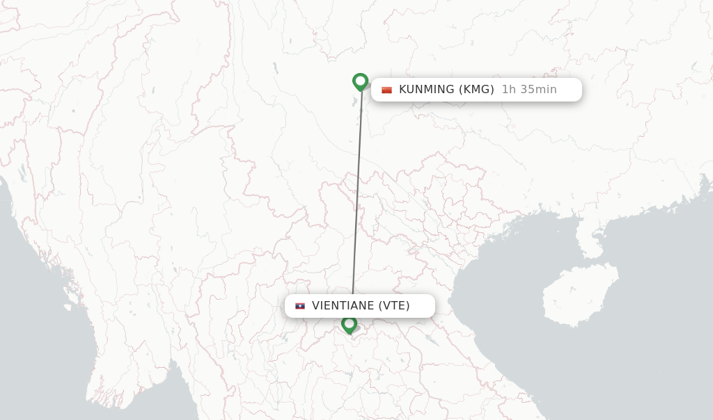 Flights from Vientiane to Kunming route map