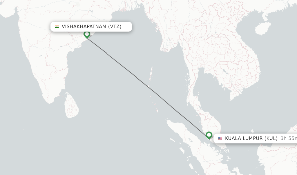 Flights from Vishakhapatnam to Kuala Lumpur route map