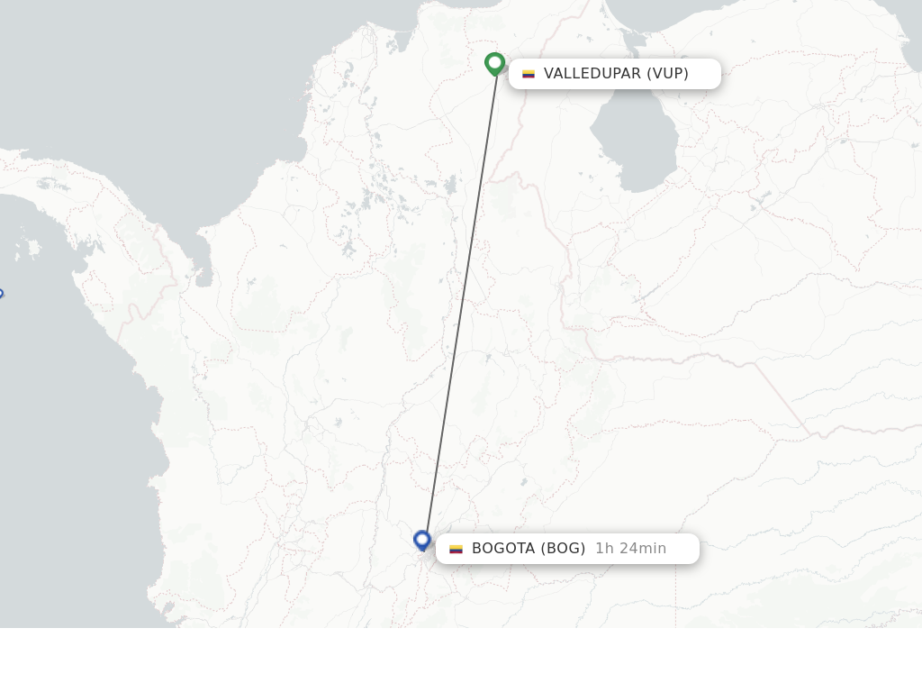 Flights from Valledupar to Bogota route map