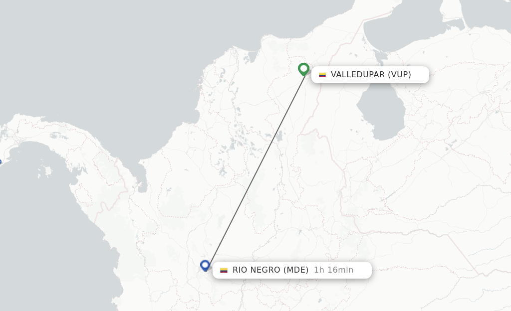 Flights from Valledupar to Medellin route map