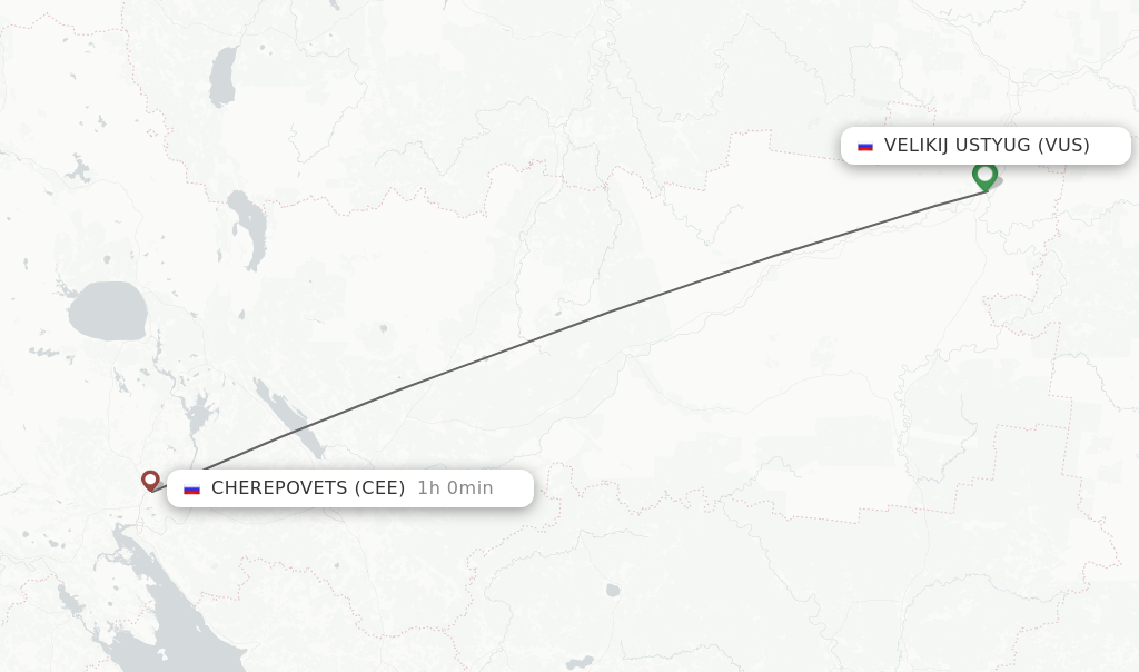 Flights from Velikij Ustyug to Cherepovets route map
