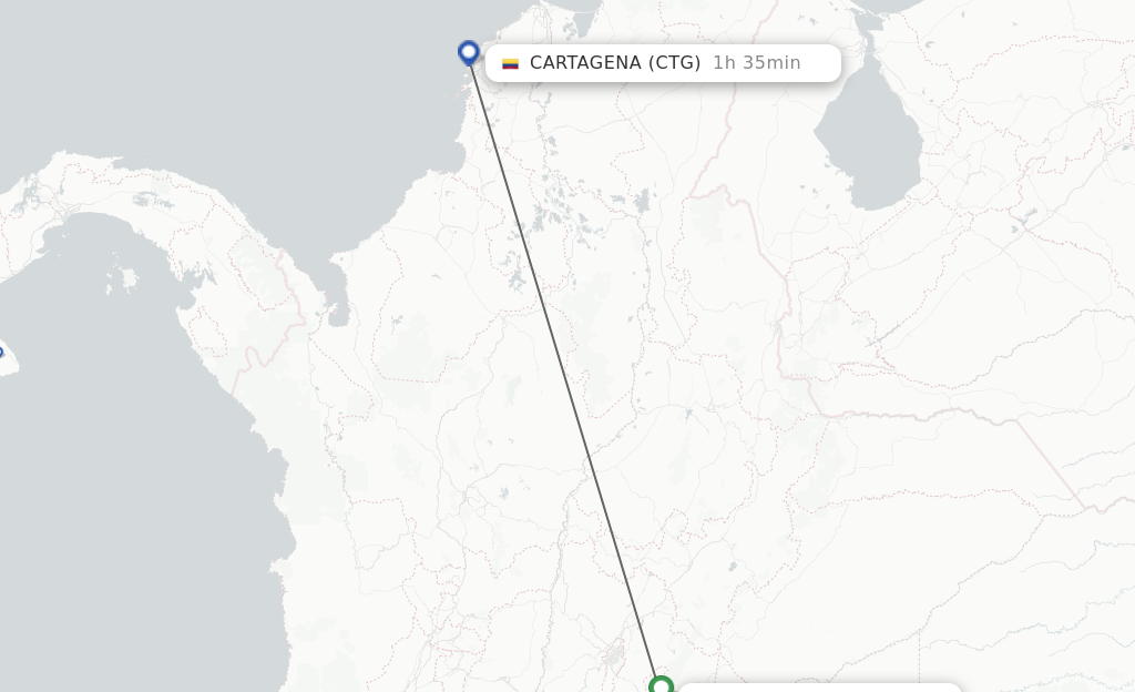 Flights from Villavicencio to Cartagena route map