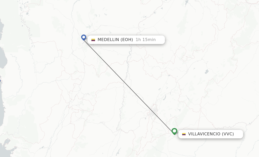 Flights from Villavicencio to Medellin route map