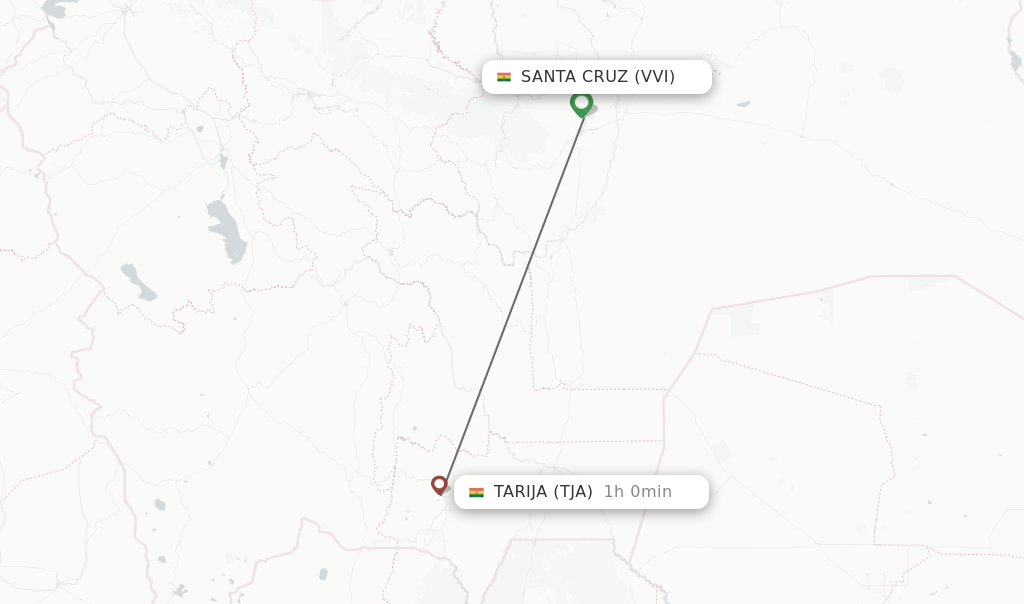 Flights from Santa Cruz to Tarija route map
