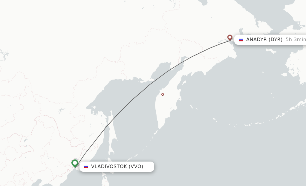 Flights from Vladivostok to Anadyr route map