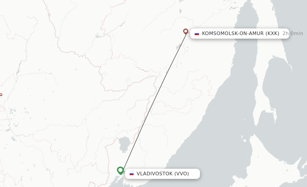 Flights from Vladivostok to Komsomolsk Na Amure route map