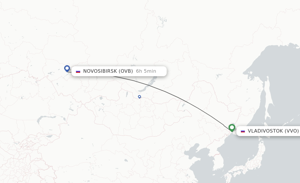 Flights from Vladivostok to Novosibirsk route map