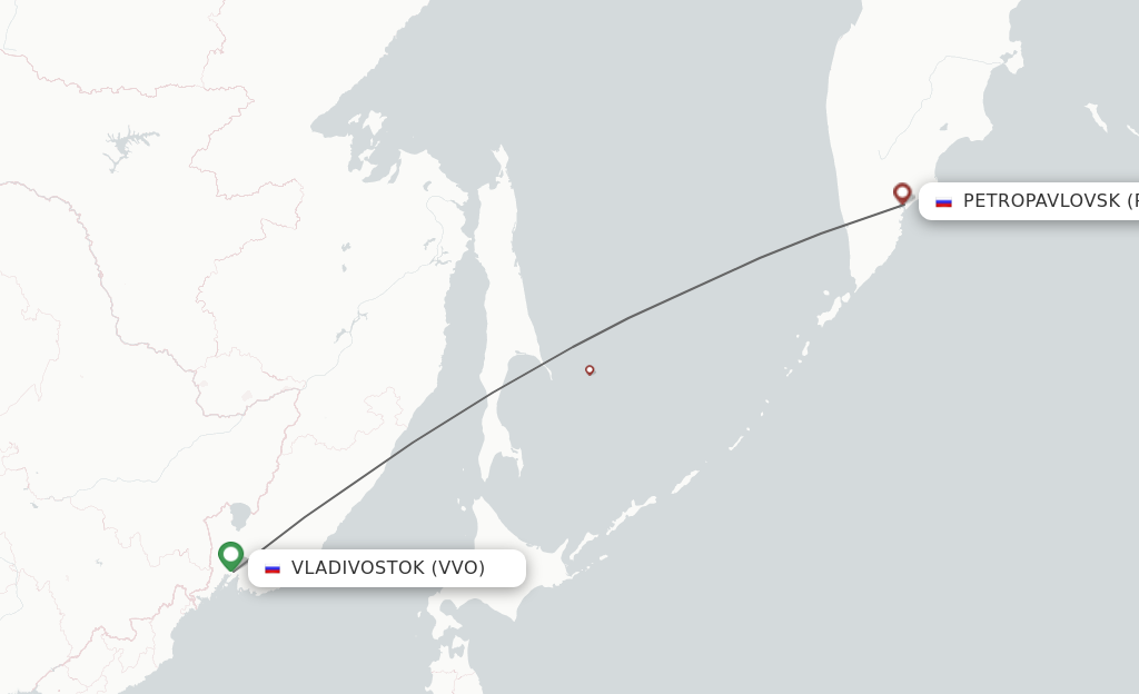 Flights from Vladivostok to Petropavlovsk route map