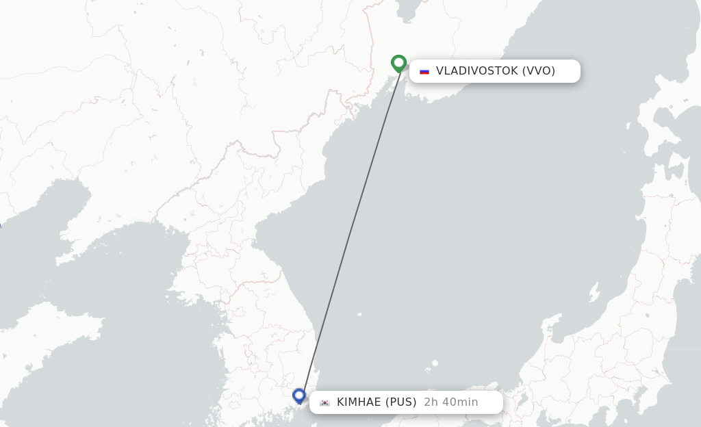 Flights from Vladivostok to Busan route map