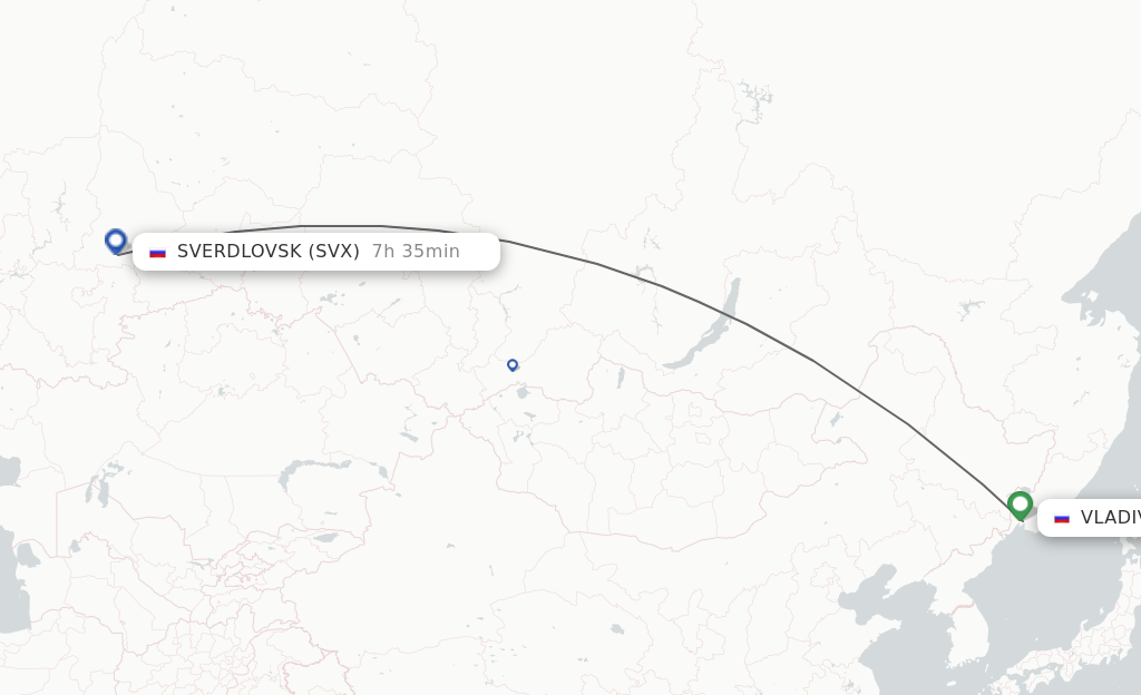 Flights from Vladivostok to Yekaterinburg route map