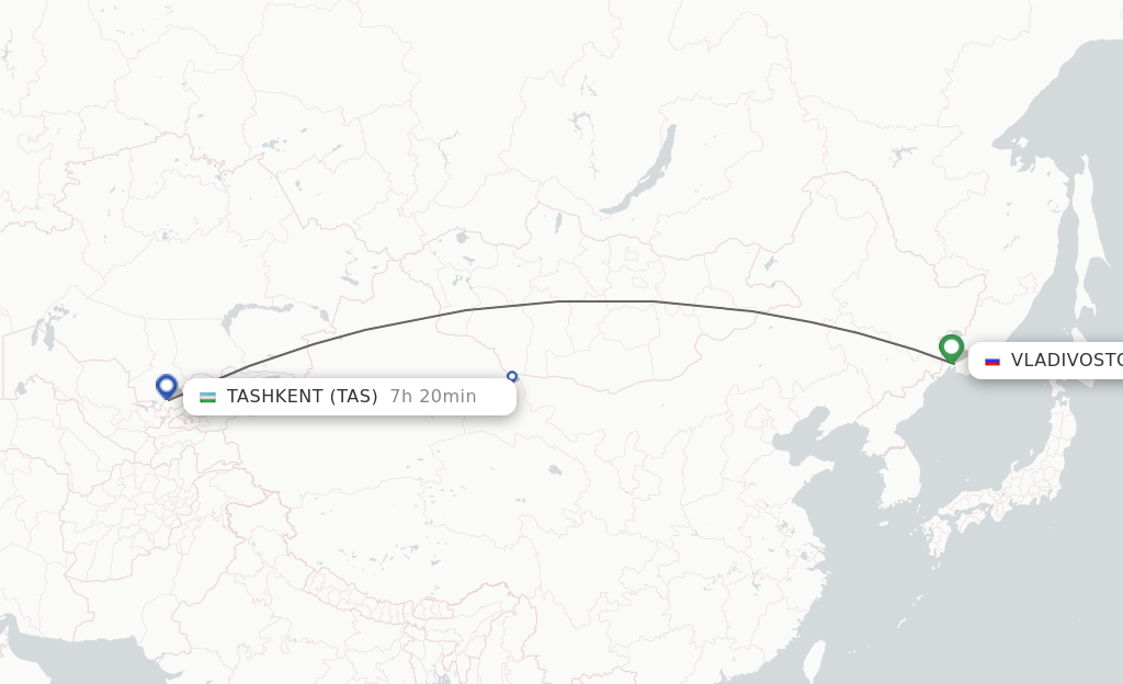 Flights from Vladivostok to Tashkent route map