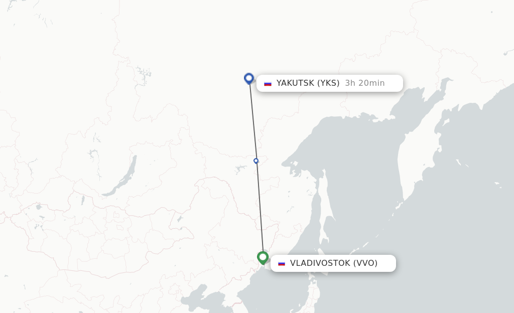 Flights from Vladivostok to Yakutsk route map