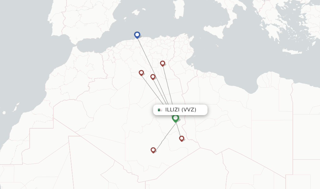 Route map with flights from Illizi with Air Algerie