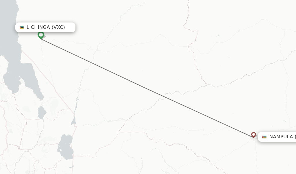 Flights from Lichinga to Nampula route map