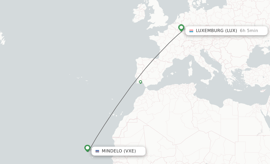 Flights from Sao Vicente to Luxembourg route map
