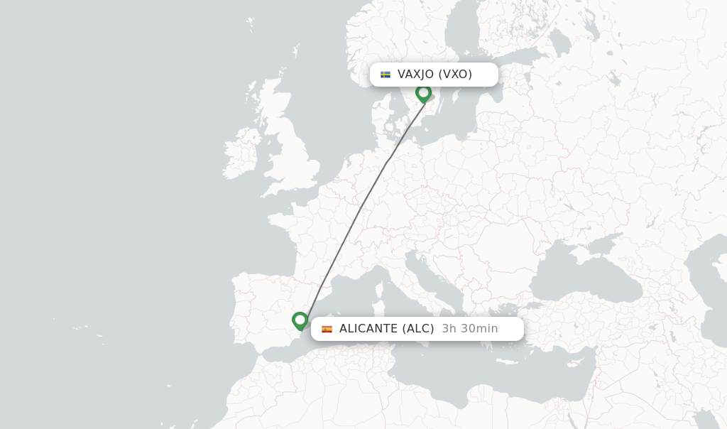 Flights from Vaxjo to Alicante route map