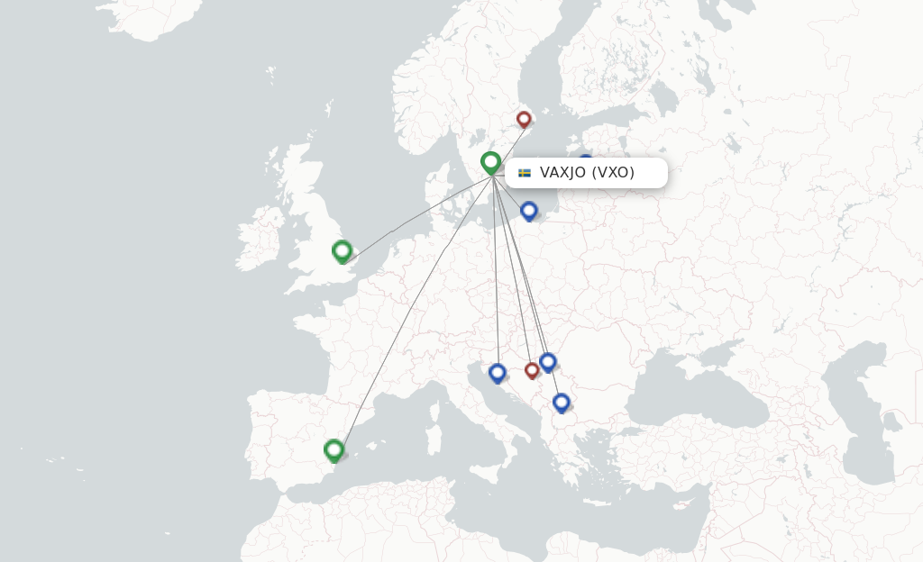 Flights from Vaxjo to Kristianstad route map