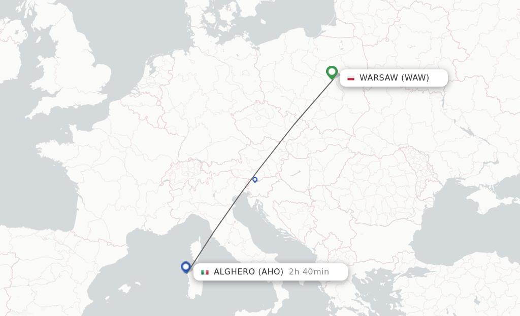 Flights from Warsaw to Alghero route map