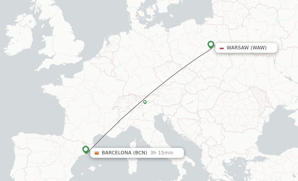 Flights from Warsaw to Barcelona route map