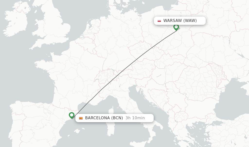 Flights from Warsaw to Barcelona route map