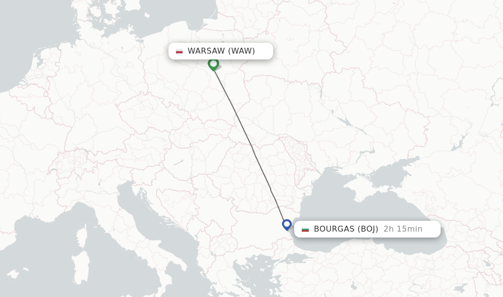 Flights from Warsaw to Burgas route map