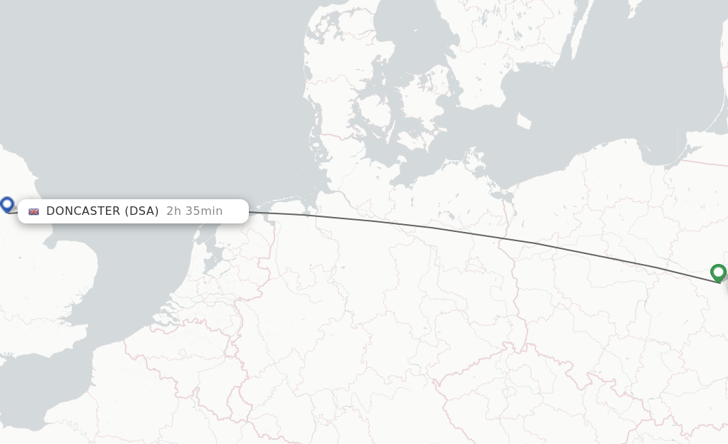 Flights from Warsaw to Doncaster route map
