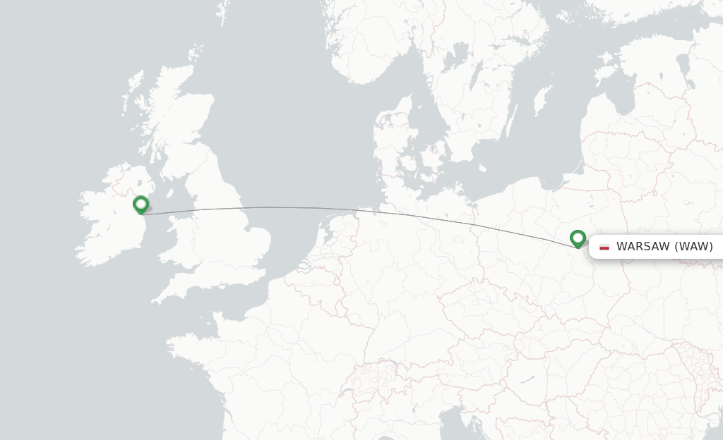 Route map with flights from Warsaw with Aer Lingus