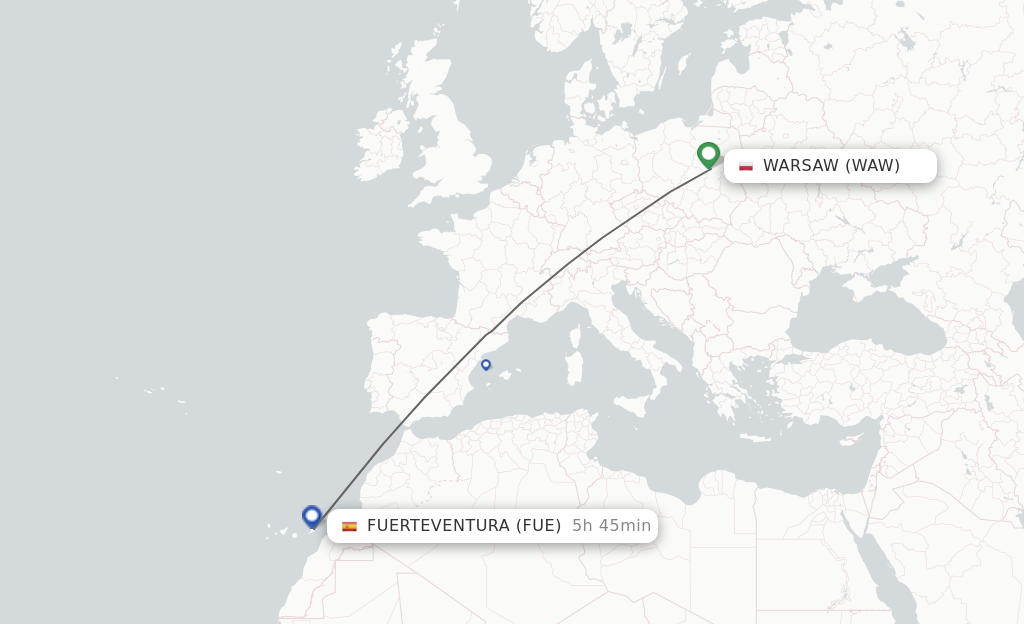 Flights from Warsaw to Puerto del Rosario route map