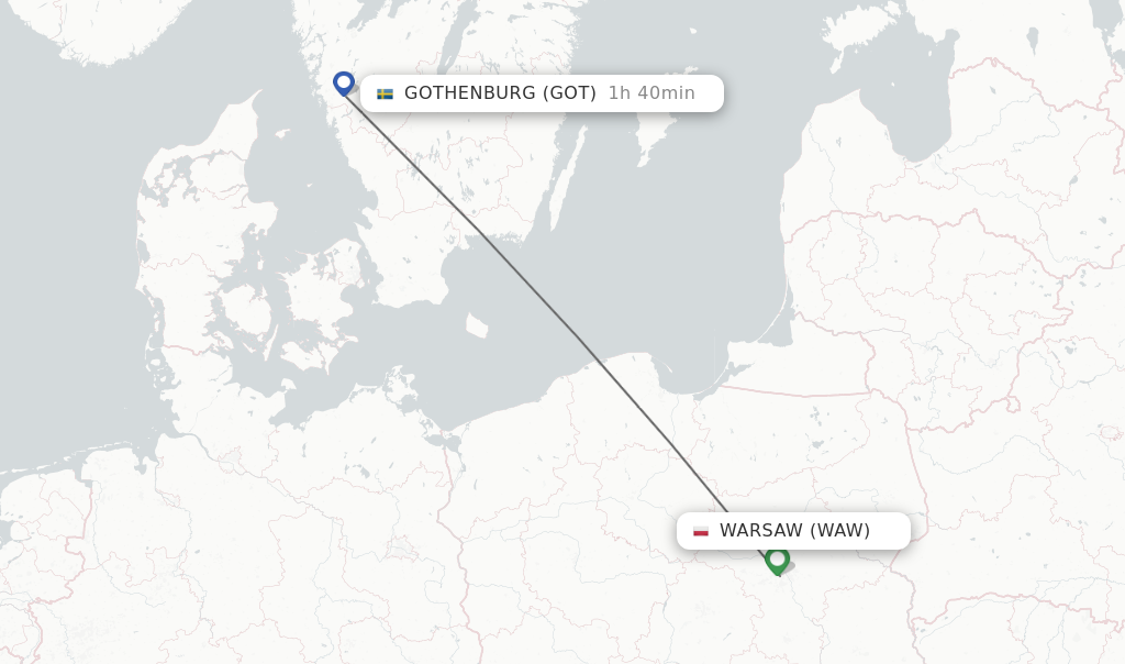 Flights from Warsaw to Gothenburg route map