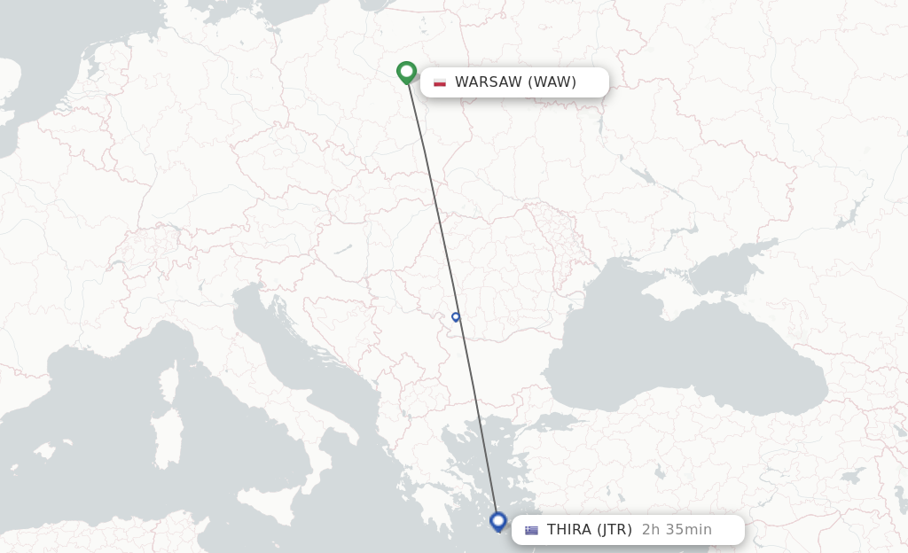 Flights from Warsaw to Thira route map