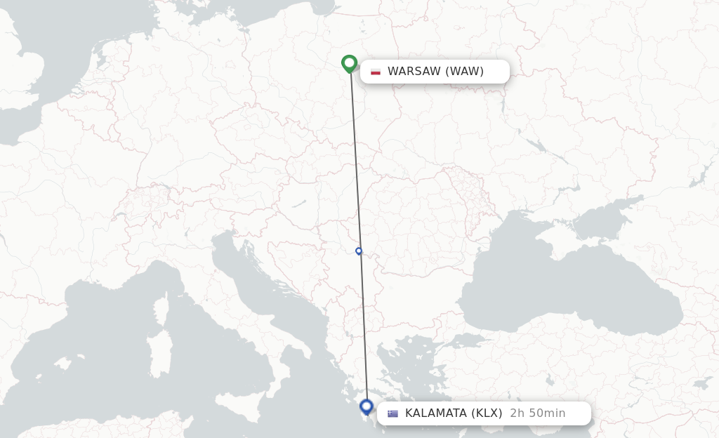 Flights from Warsaw to Kalamata route map