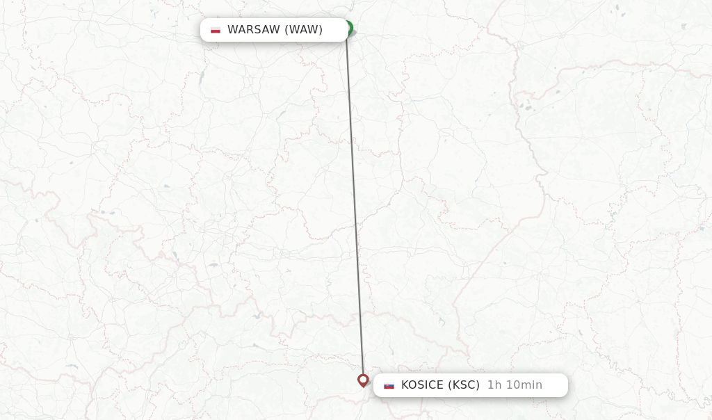 Flights from Warsaw to Kosice route map