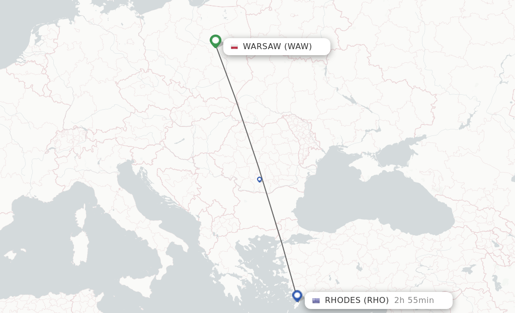 Flights from Warsaw to Rhodes route map