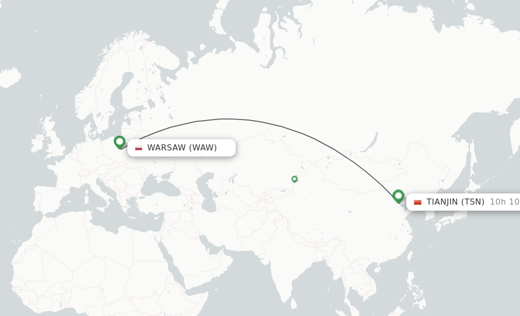 Flights from Warsaw to Tianjin route map