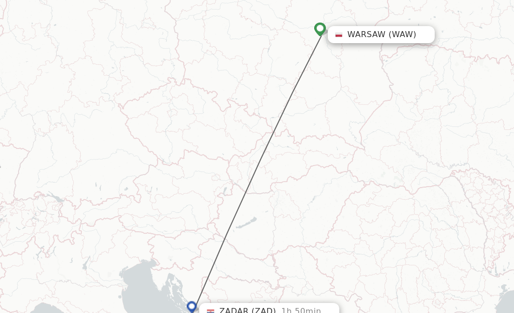Flights from Warsaw to Zadar route map