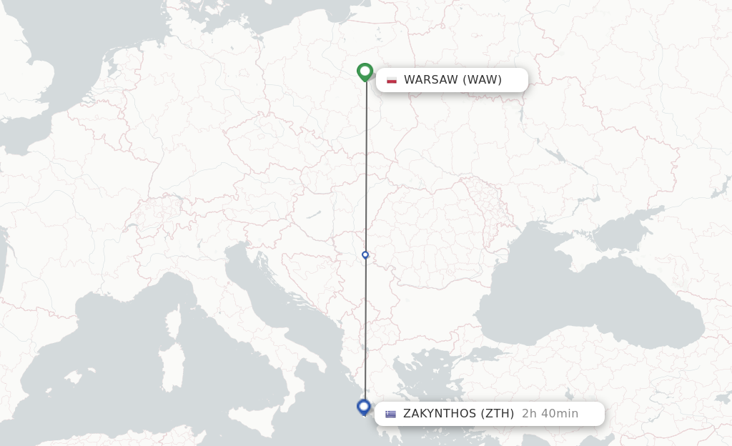 Flights from Warsaw to Zakinthos route map