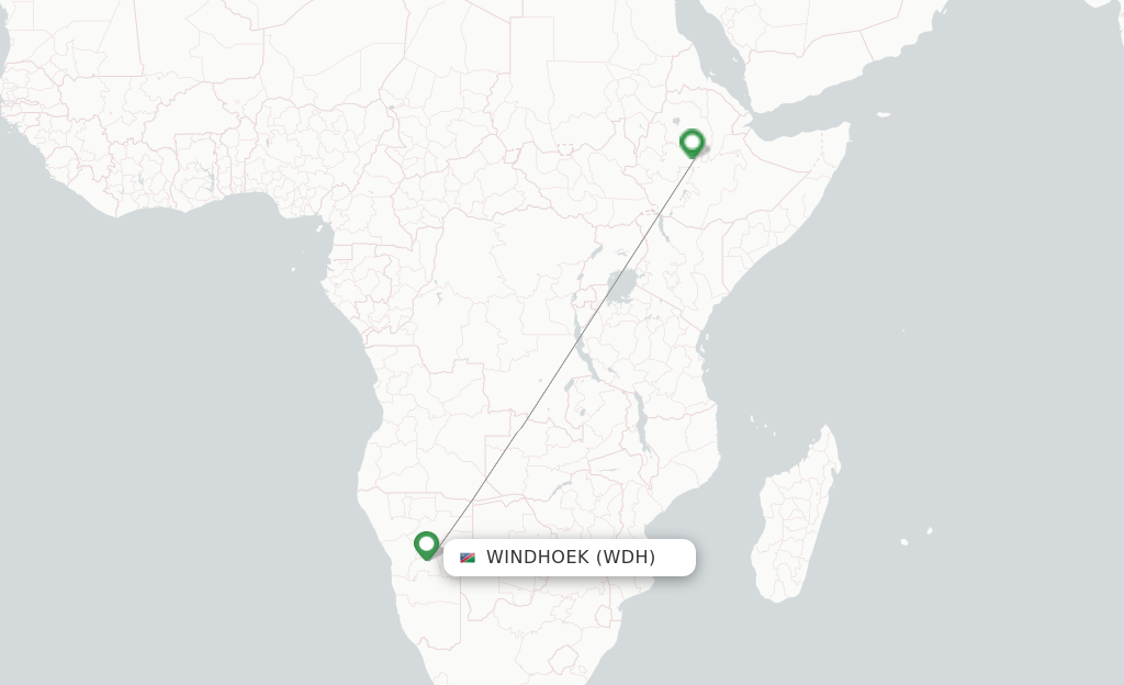 Route map with flights from Windhoek with Ethiopian Airlines