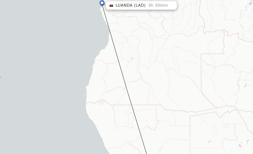 Flights from Windhoek to Luanda route map