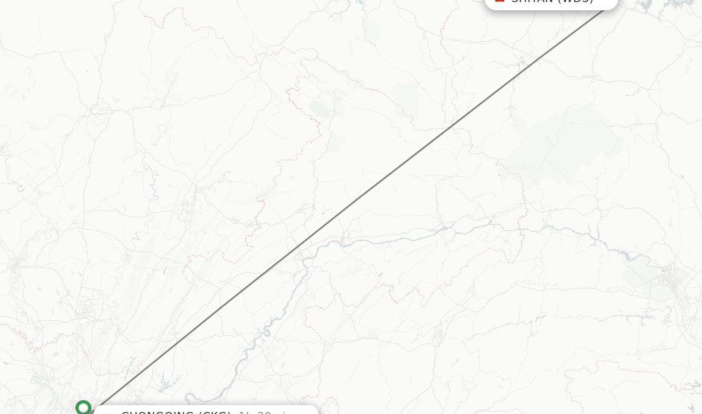 Flights from Shiyan to Chongqing route map