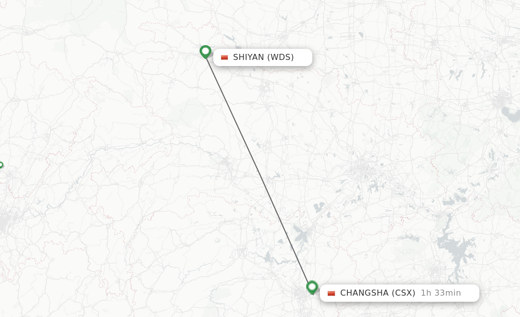 Flights from Shiyan to Changsha route map