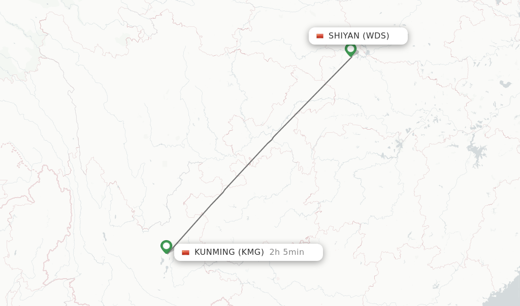 Flights from Shiyan to Kunming route map