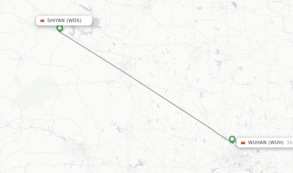 Flights from Shiyan to Wuhan route map