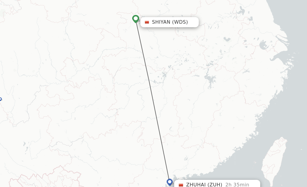 Flights from Shiyan to Zhuhai route map