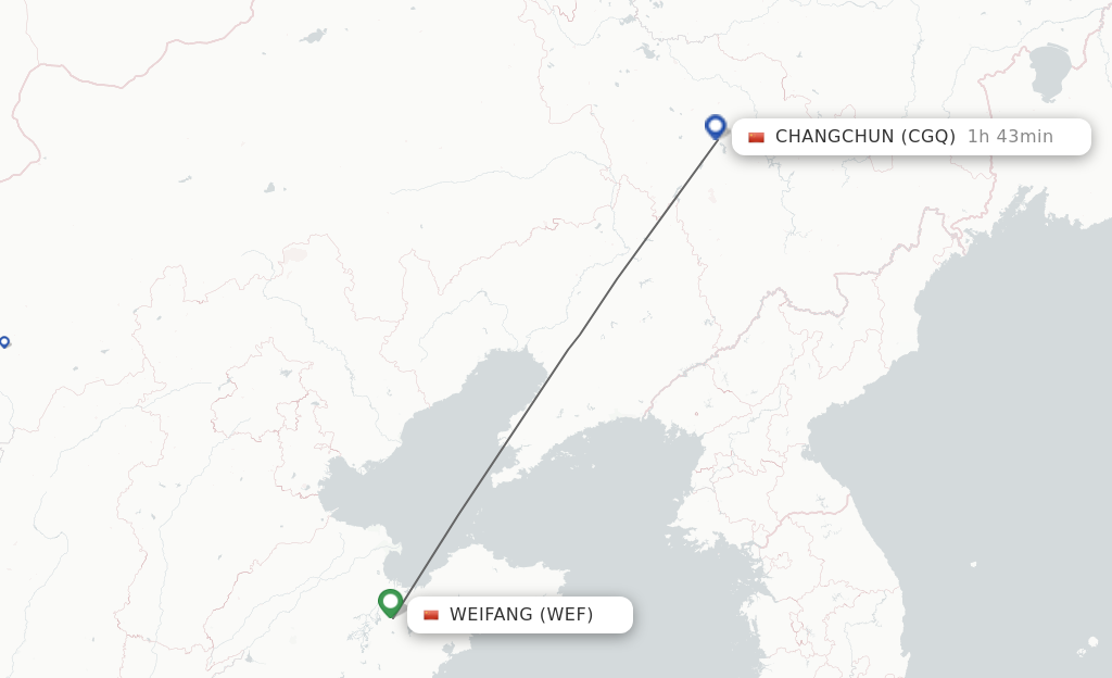Flights from Weifang to Changchun route map