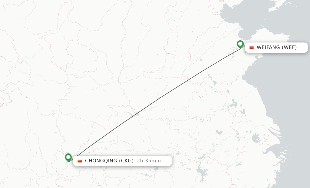 Flights from Weifang to Chongqing route map